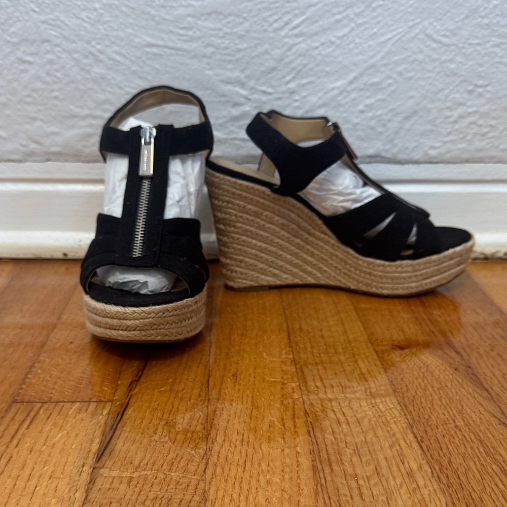 Michael Kors Black and Tan Wedge Sandals